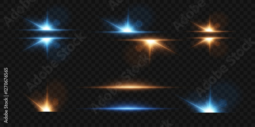 Set of light flashes and glare, glowing star effect, magic light.