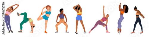 Set of different sportive young women doing fitness exercises at gym, at home. Healthy lifestyle. Collection of female flat vector characters in workout positions isolated