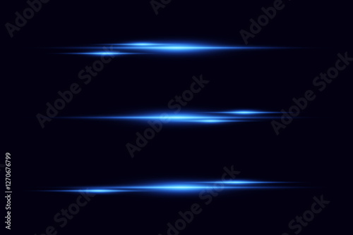 Set of light horizontal lines. Horizontal flare of light, beam effect. Vector illustration