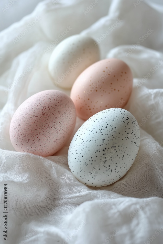 Soft pastel Easter eggs with delicate speckles rest on a white fabric background. A cozy and elegant springtime composition, perfect for seasonal, holiday, and festive designs. Soft pastel Easter eggs with delicate speckles rest on a white fabric background. A cozy and elegant springtime composition, perfect for seasonal, holiday, and festive designs.