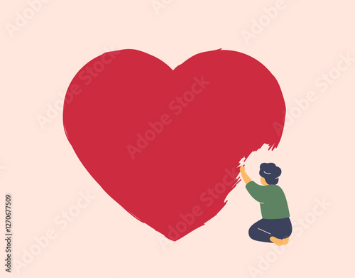 small boy drawing big red heart. childcare and and medical support. Concept of social aid, psychological help, donation and charitable for kids. Vector illustration.