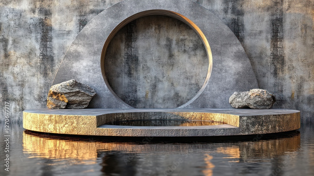 Grey concrete podium with golden accents, water reflection, zen-like circular archway