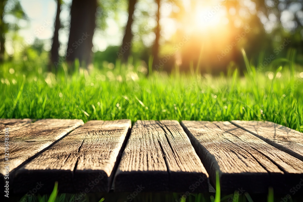 Wooden planks, sunny park, grass background, product display Wooden planks, sunny park, grass background, product display