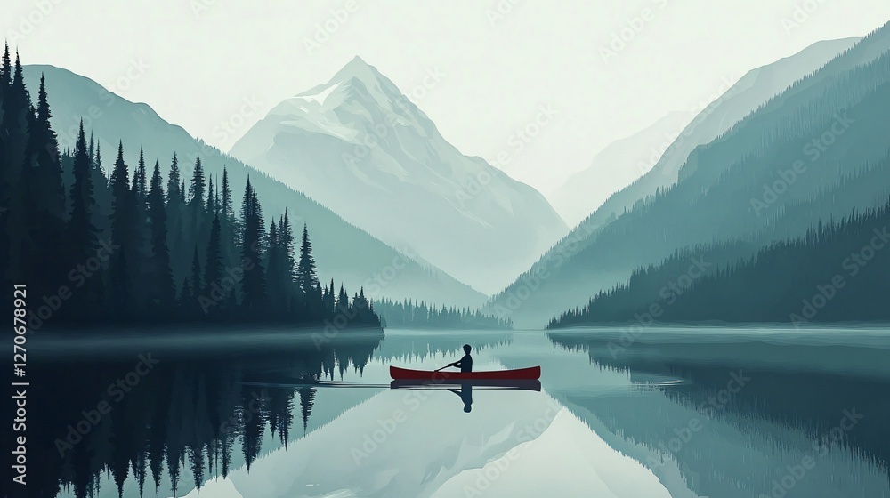 Man in Canoe on Misty Mountain Lake at Sunrise