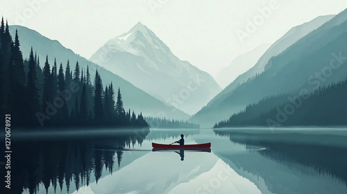 Obraz na płótnie Man in Canoe on Misty Mountain Lake at Sunrise w salonie