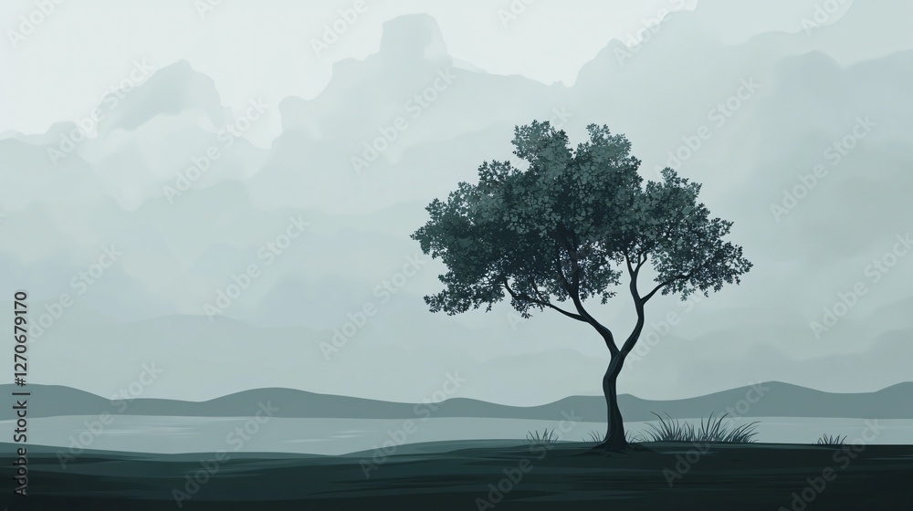 Solitary Tree Amidst a Temperamental Sky Vector Illustration