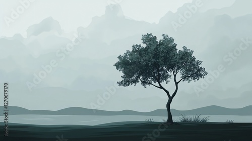 Obraz na płótnie Solitary Tree Amidst a Temperamental Sky Vector Illustration w salonie