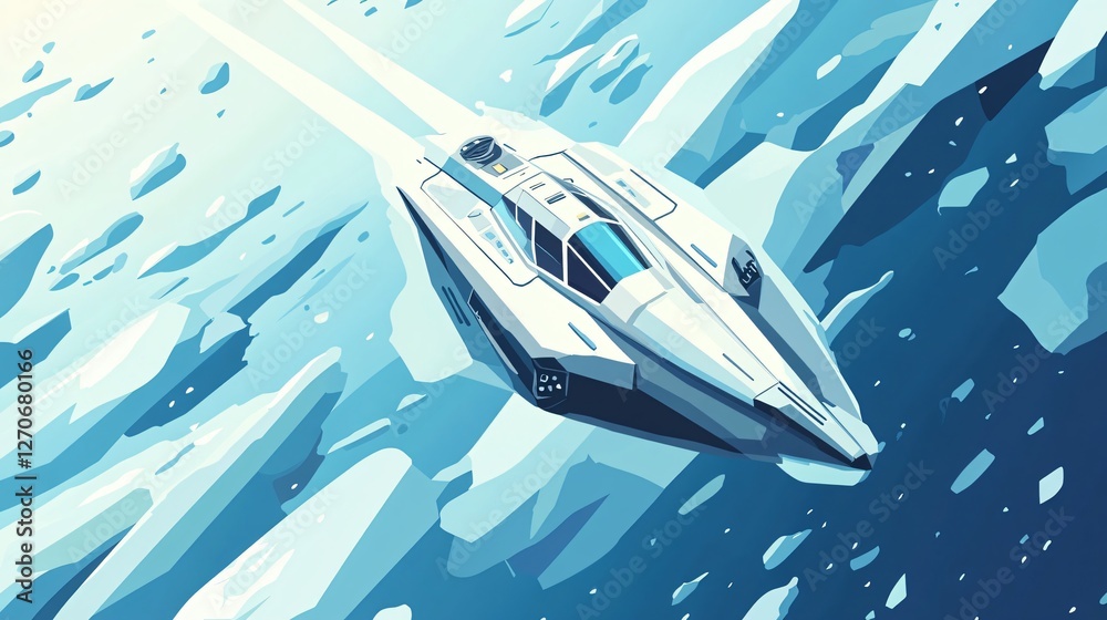 Futuristic Space Vessel Navigating an Icy Celestial Body