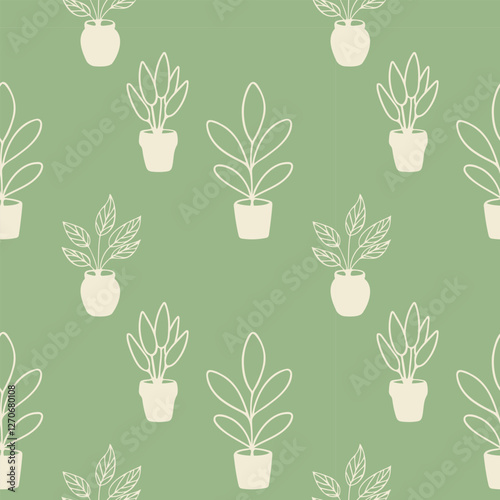 Cozy home interior with flowerpots and potted indoor flowers on soft pastel green background. Vector illustration