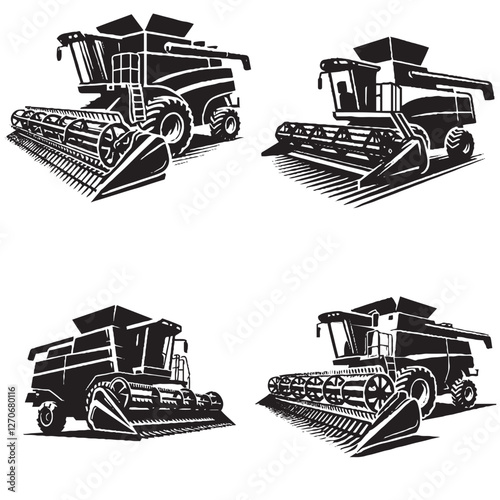 High-Quality Vector Silhouette of Combine Harvester on White Background