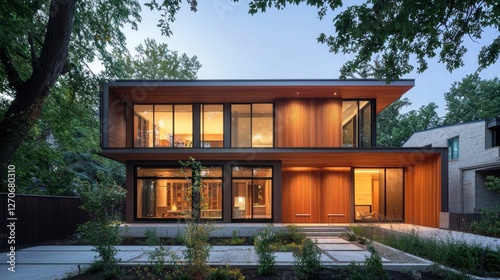 Modern Wood House at Dusk: Architectural Design in Suburban Setting