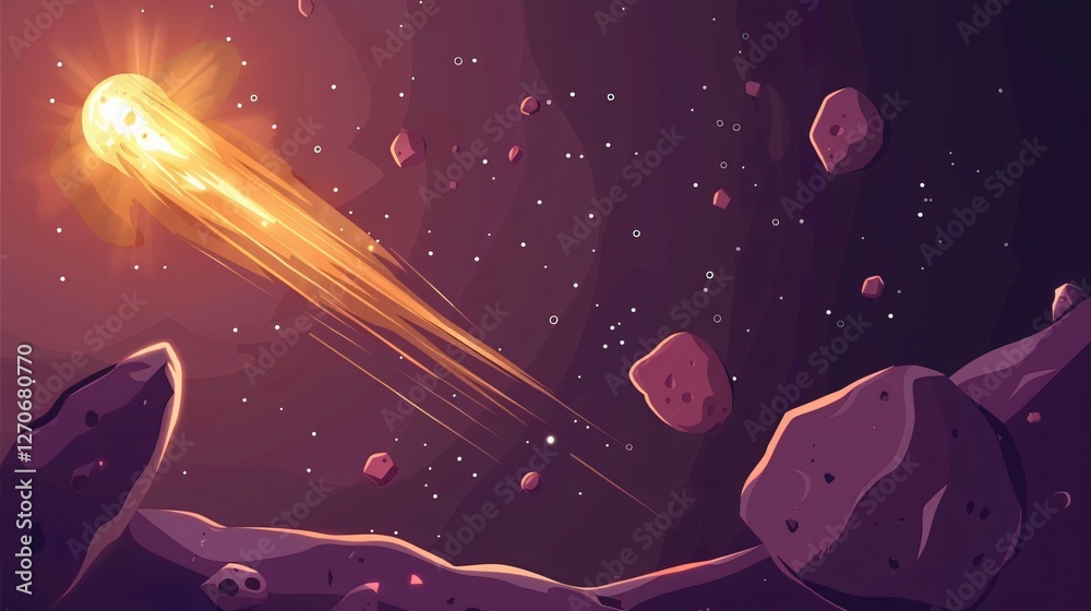 Vector Flat Design Illustration of Space, Planet, and Asteroid.