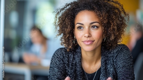 Focused businesswoman in modern office professional setting portrait inspirational viewpoint