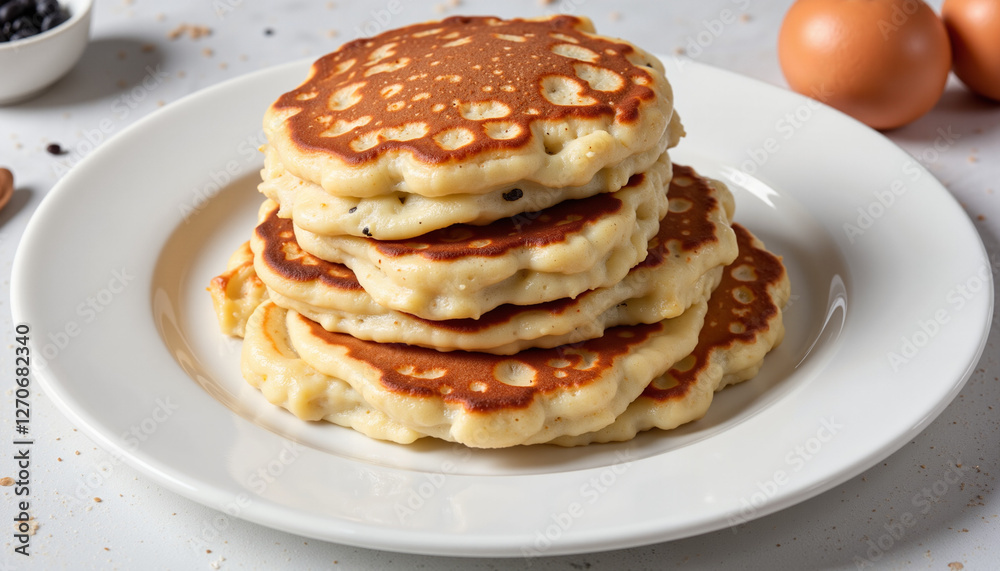 Fluffy Finnish pancakes stacked on a plate, culinary delight Fluffy Finnish pancakes stacked on a plate, culinary delight
