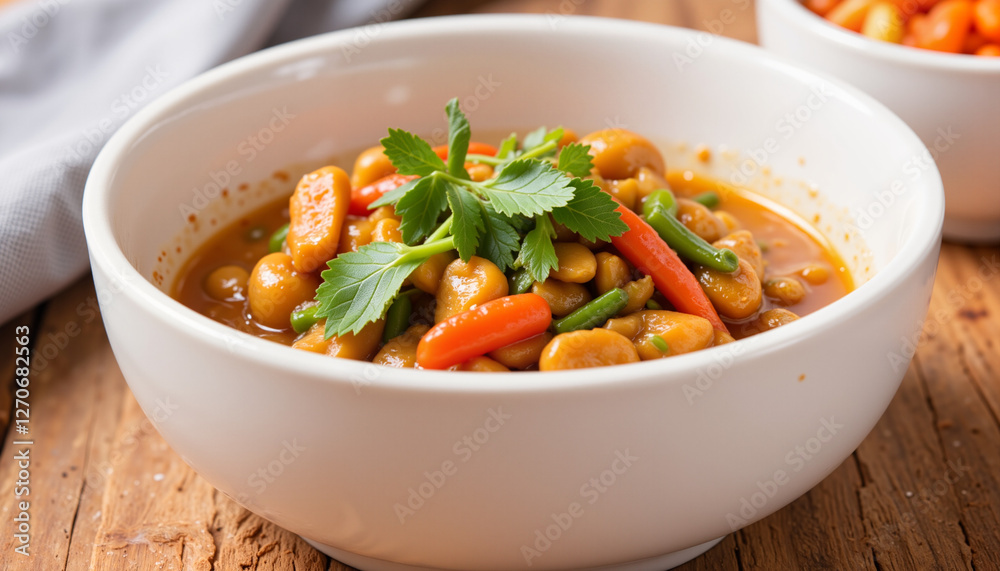 Rich Kare-Kare sauce preparation with vibrant vegetables, culinary delight Rich Kare-Kare sauce preparation with vibrant vegetables, culinary delight