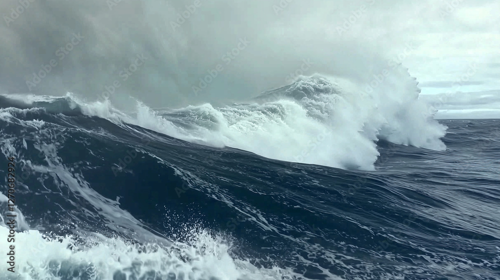 Obraz premium A powerful wave crashes against a rocky coastline under a dramatic, stormy sky, showcasing the raw power of nature in an epic, cinematic scene.