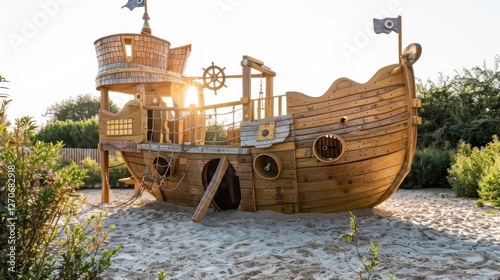Wooden Pirate Ship Playground at Sunset