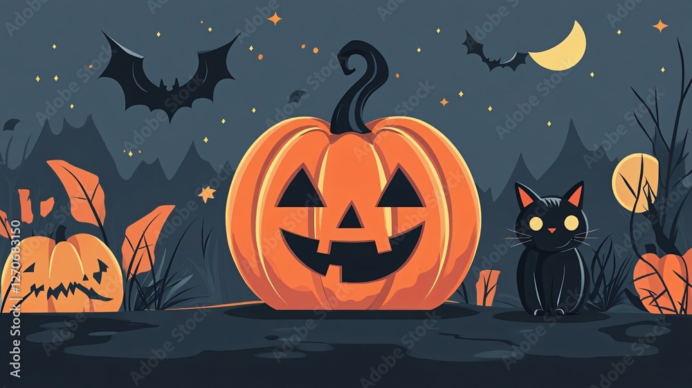 Halloween Pumpkin and Black Cat Vector Illustration