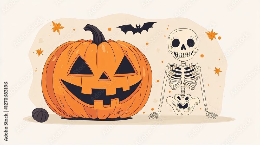 Spooky Pumpkin with Skeleton Vector Illustration