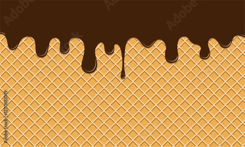A waffle background with streaks of thick chocolate, creating an appetizing and delicious effect. Ideal for a dessert or sweets advertising background