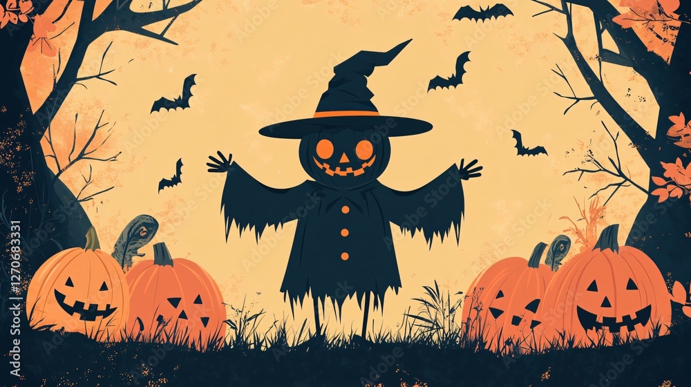 Autumn Scarecrow Landscape With Pumpkins Vector Illustration