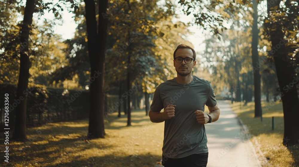Obraz premium Myopia prevention with a man wearing glasses jogging in the city. Jogging shoes, skyscrapers, urban setting