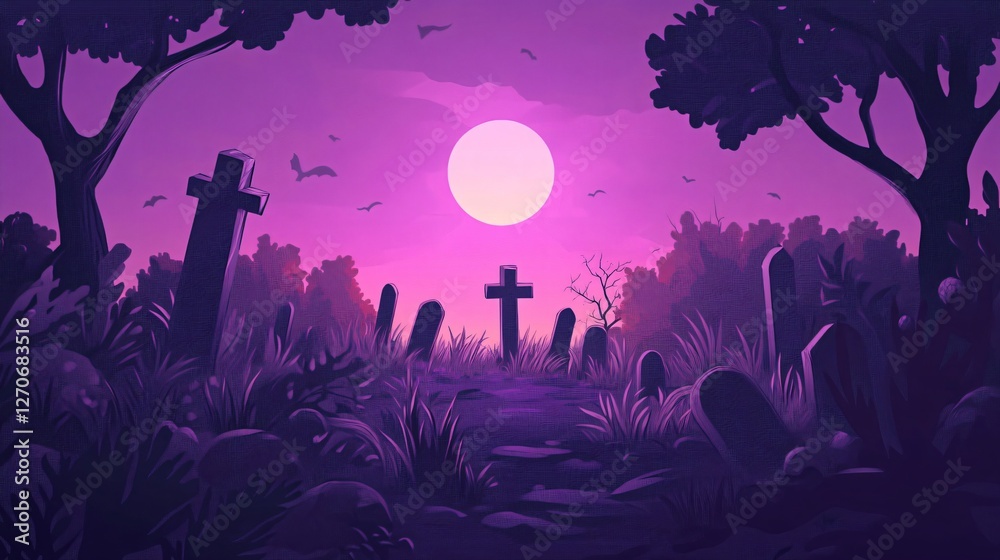 Purple Halloween Background Banner with Cemetery Silhouettes
