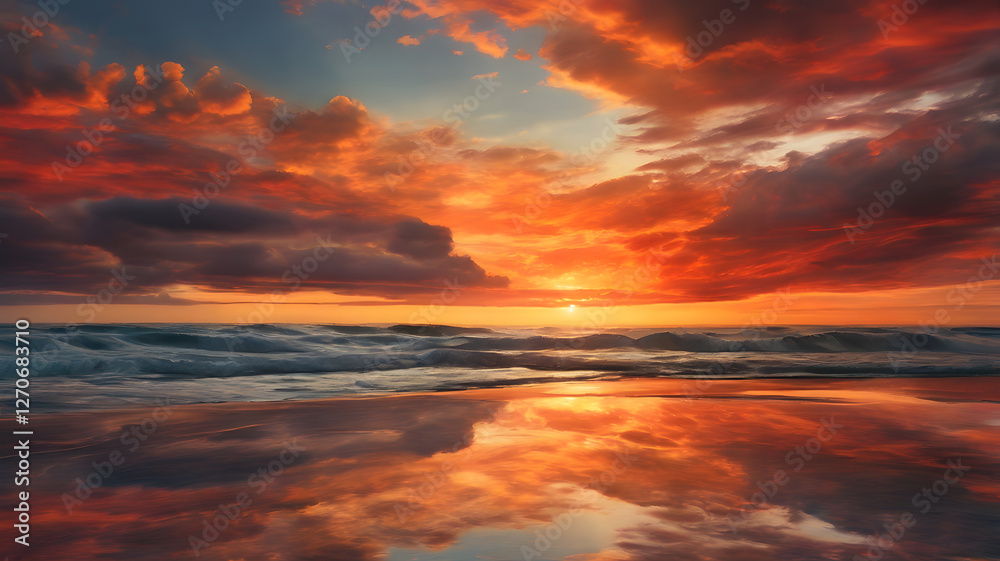 Naklejka premium Dramatic sunset over the ocean, with fiery clouds reflecting on the water's surface, creating a breathtaking scene.