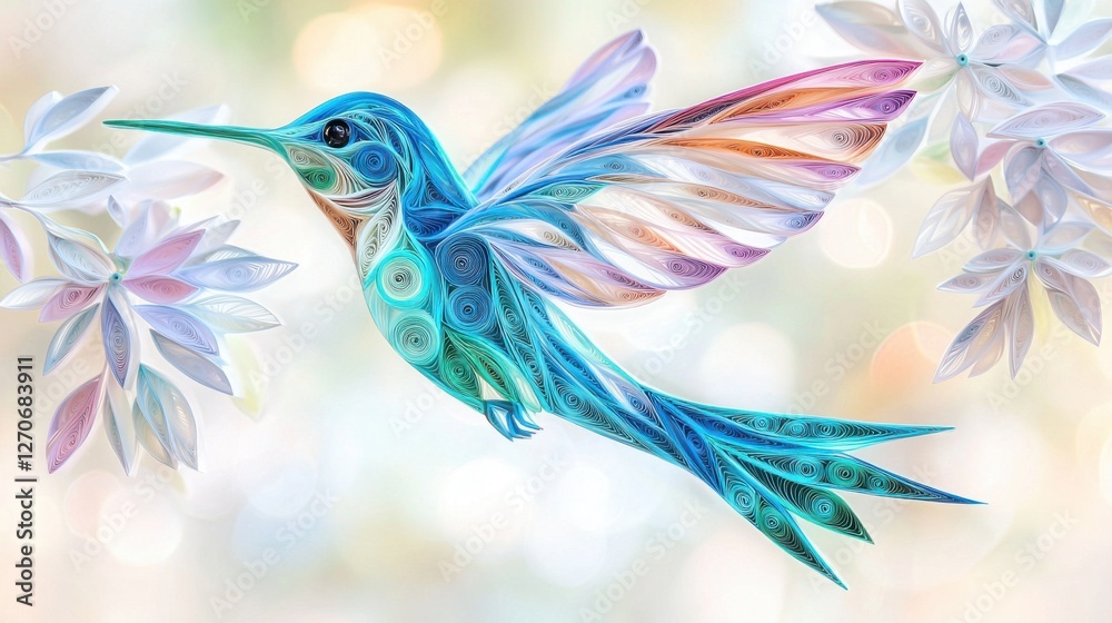 Obraz premium Elegant Pastel Hummingbird in Flight – Soft Watercolor Gradient Illustration