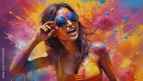 A vibrant splash of colors and a young woman celebrating holi festival outdoors illustration generative ai - Festival of colors
