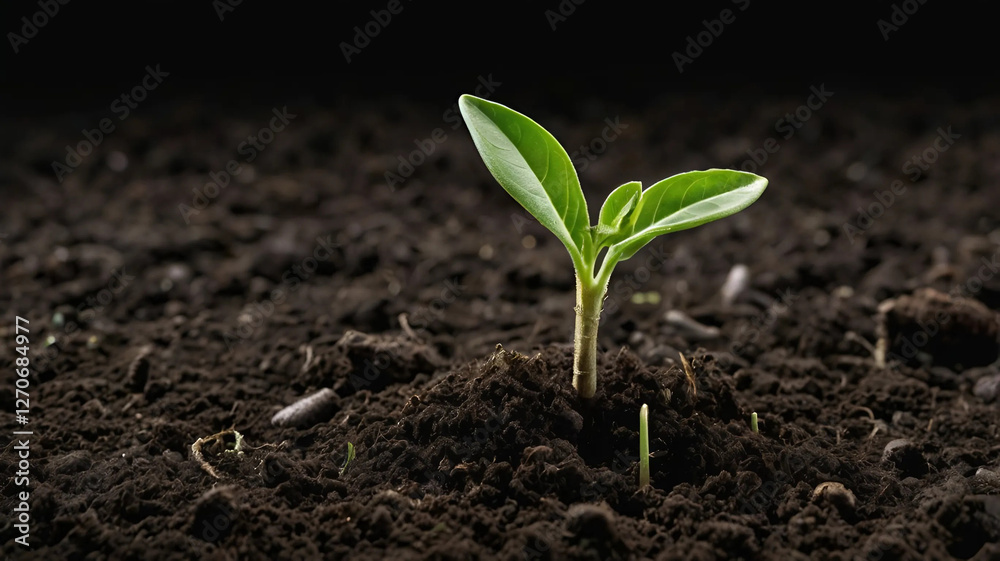 Fototapeta premium Young sprout emerging from fertile soil, symbolizing growth.