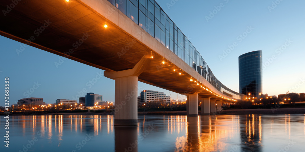 modern bridge illuminated at dusk, reflecting in water below modern bridge illuminated at dusk, reflecting in water below