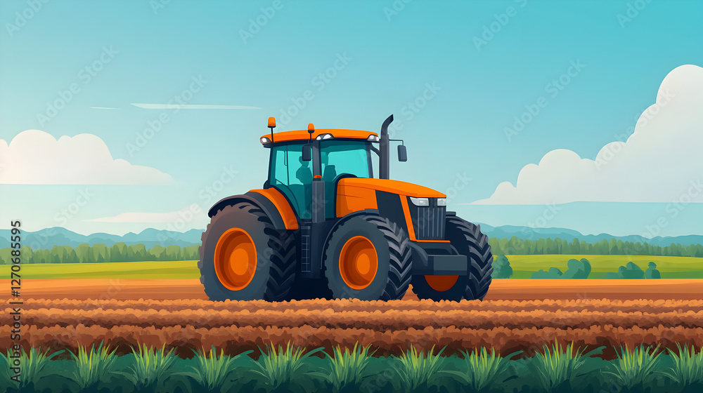 Obraz premium Digital illustration of a tractor working in rural farm landscape - agriculture concept