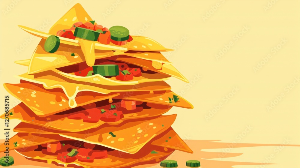 Stack of Nachos with Sauce and Cheese Flat Vector Illustration