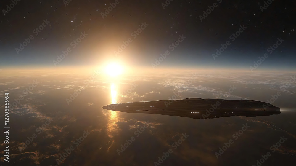 Fototapeta premium Futuristic Spaceship Traveling Through Space Above a Horizon With Bright Sun and Starry Background