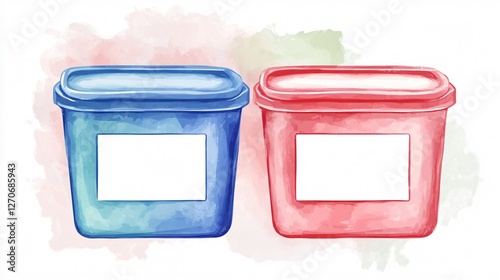 Obraz na płótnie Aesthetically Pleasing, Stacked, Watercolor-Style, Plastic Storage Containers w salonie