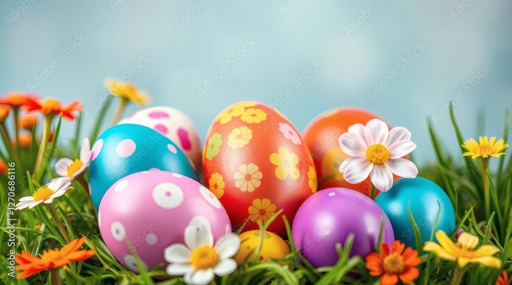 Colorful Easter eggs surrounded by flowers in a sunny garden setting during springtime Colorful Easter eggs surrounded by flowers in a sunny garden setting during springtime