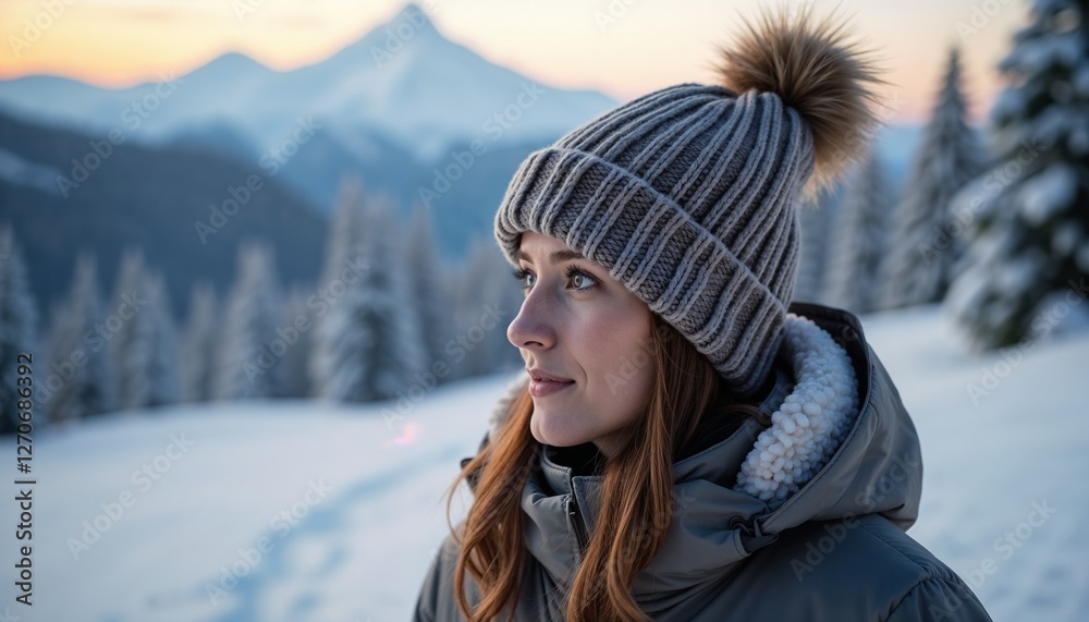Young woman wearing an alpine hat and warm jacket, enjoying a winter landscape Young woman wearing an alpine hat and warm jacket, enjoying a winter landscape