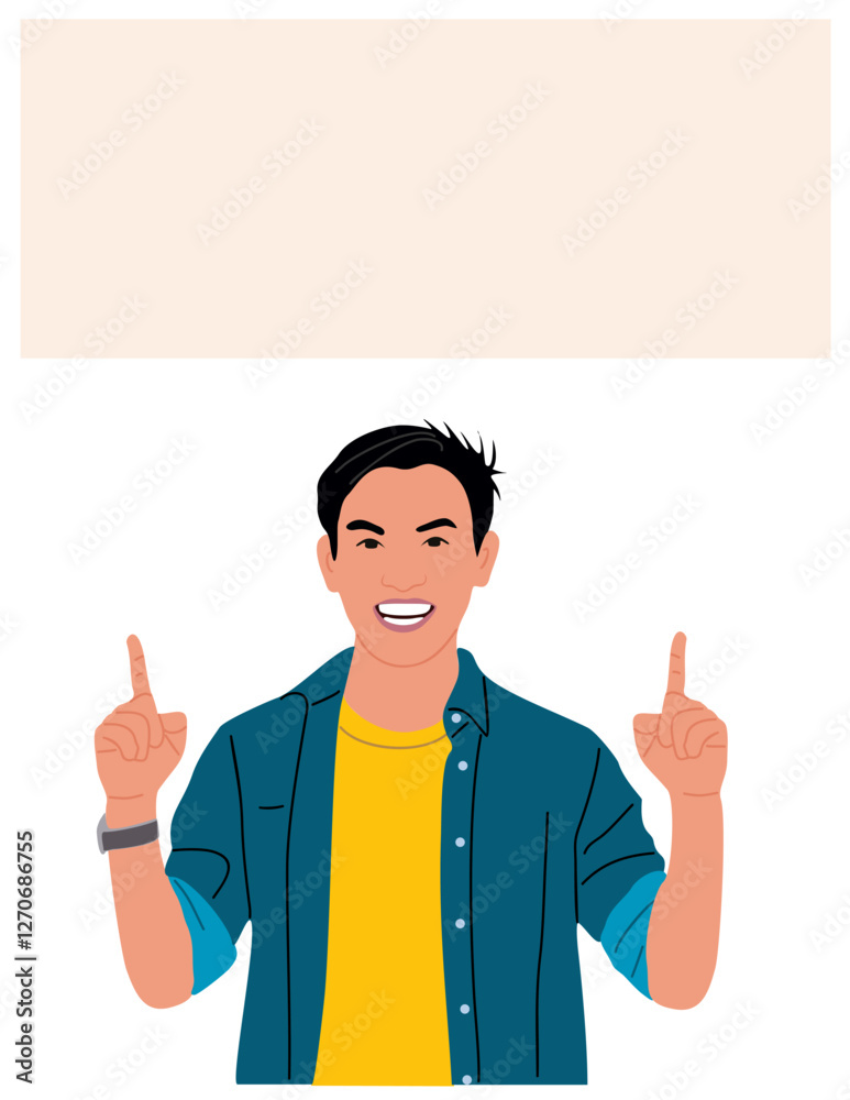 Smiling boy pointing up with fingers. Happy excited young man showing blank banner, placard. Vector male Character for the presentation. Vector flat illustration isolated Smiling boy pointing up with fingers. Happy excited young man showing blank banner, placard. Vector male Character for the presentation. Vector flat illustration isolated