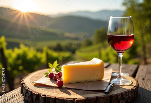 Savoring Crimean Delights: Wine and Cheese Tasting: A delightful composition featuring a wine glass and a cheese assortment, showcasing the flavors of Crimea with carbonaceous earth vineyards in the b photo