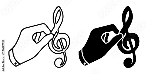 Line icon. Musician hand holding musical key symbol of inspiration. Songwriting and arrangements. Simple black and white vector isolated on white background