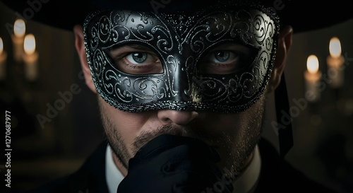 An enigmatic man wearing an elegant mask stands under the night sky, embodying mystique and allure
