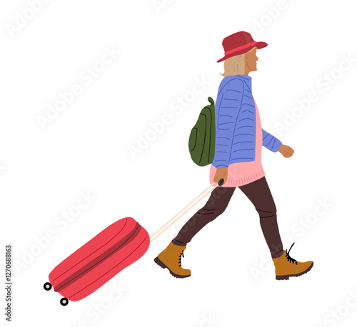 Young woman tourist walking side view with Suitcase And Backpack. Travel and vacation concept. Cartoon female traveler Vector realistic Illustration isolated