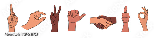 Different hand gestures set. Signs, expressions with pointing finger. OK symbol, handshake, touching. Flat vector illustrations isolated
