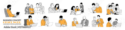Set of Business scene vector outline drawings isolated. Collection of men, women, business team working on laptop computer, brainstorming, meeting, discussing. Office work concept.