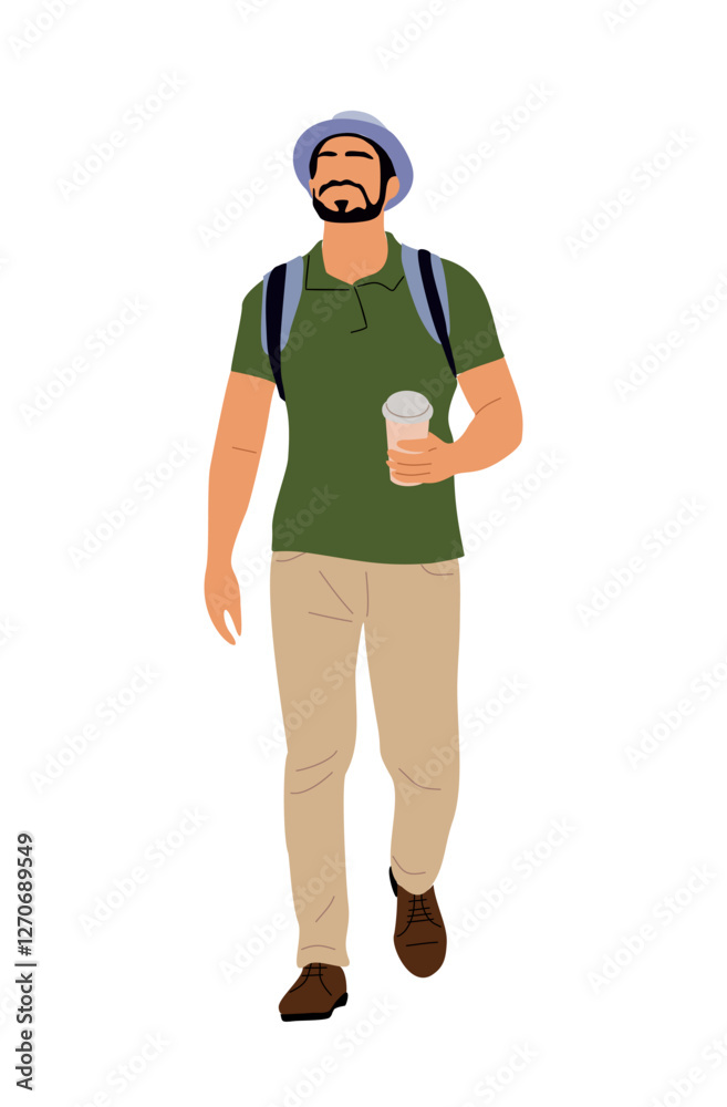 Man tourist walking with take away coffee cup and backpack. Handsome bearded guy in casual clothes, hat. Travel and vacation Concept. Vector realistic Illustration isolated Man tourist walking with take away coffee cup and backpack. Handsome bearded guy in casual clothes, hat. Travel and vacation Concept. Vector realistic Illustration isolated