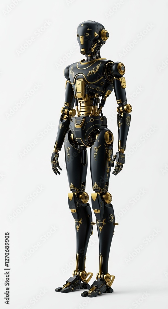 Futuristic robot with intricate gold accents in minimalist design on white background Futuristic robot with intricate gold accents in minimalist design on white background