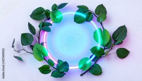 Un círculo de neón azul rodeado de hojas verdes