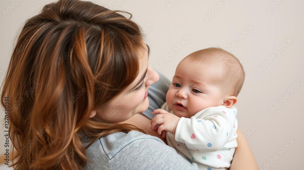 Mother sitting on the floor, smiling and playing with her baby, who is giggling and reaching out to touch her face, connection, childhood, love Mother sitting on the floor, smiling and playing with her baby, who is giggling and reaching out to touch her face, connection, childhood, love