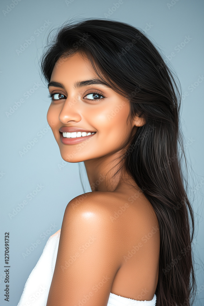 Graceful Indian Woman Smiling While Caring for Her Skin Graceful Indian Woman Smiling While Caring for Her Skin